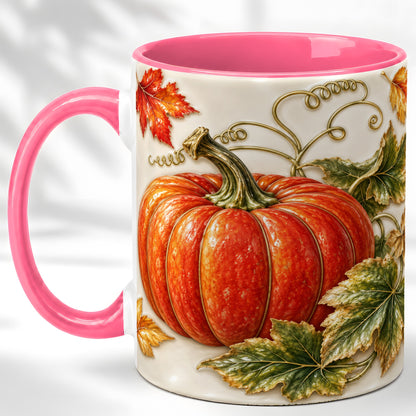 #pl[11oz|Pink] Autumn Pumpkin Coffee Mug, Fall Harvest Leaves Mug, Ceramic Cup Decor