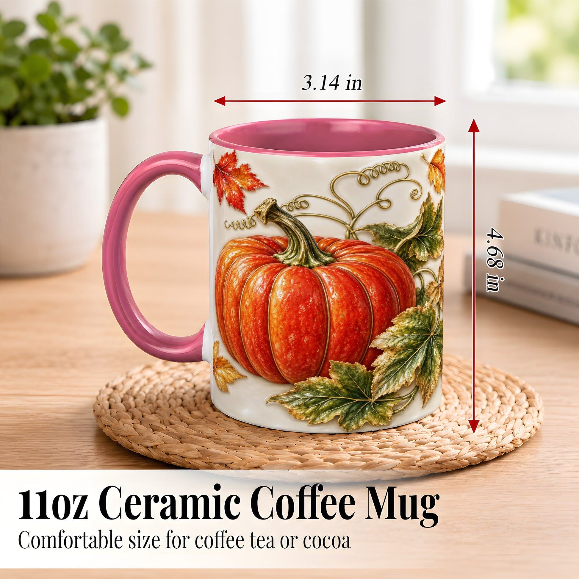 #pl[11oz|Pink] Autumn Pumpkin Coffee Mug, Fall Harvest Leaves Mug, Ceramic Cup Decor