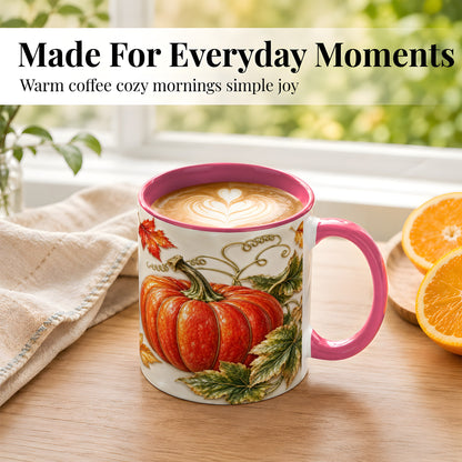 #pl[11oz|Pink] Autumn Pumpkin Coffee Mug, Fall Harvest Leaves Mug, Ceramic Cup Decor