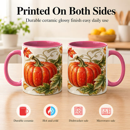 #pl[11oz|Pink] Autumn Pumpkin Coffee Mug, Fall Harvest Leaves Mug, Ceramic Cup Decor