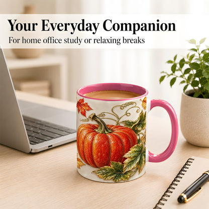 #pl[11oz|Pink] Autumn Pumpkin Coffee Mug, Fall Harvest Leaves Mug, Ceramic Cup Decor