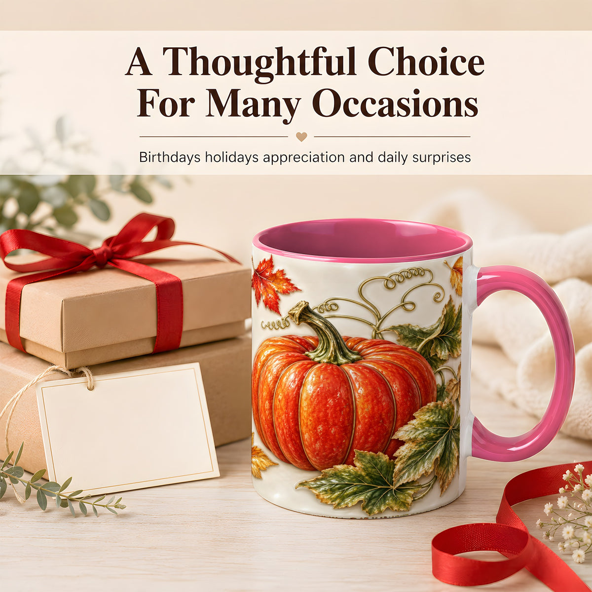 #pl[11oz|Pink] Autumn Pumpkin Coffee Mug, Fall Harvest Leaves Mug, Ceramic Cup Decor