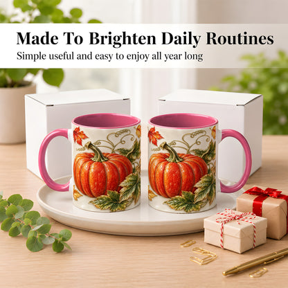 #pl[11oz|Pink] Autumn Pumpkin Coffee Mug, Fall Harvest Leaves Mug, Ceramic Cup Decor