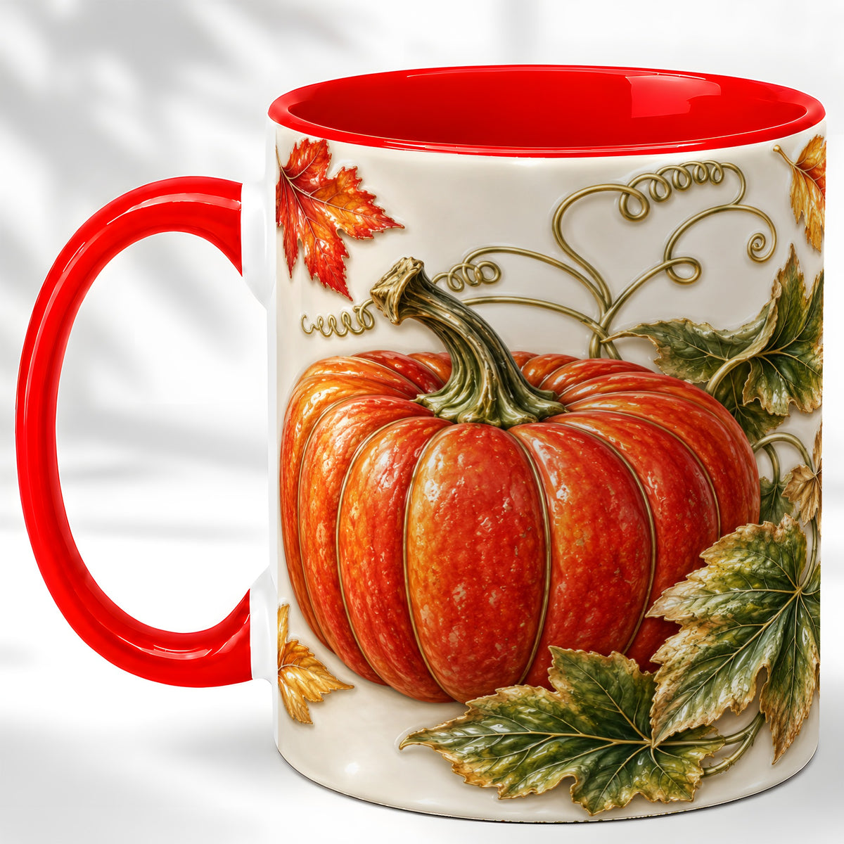 Autumn Pumpkin Coffee Mug, Fall Harvest Leaves Mug, Ceramic Cup Decor