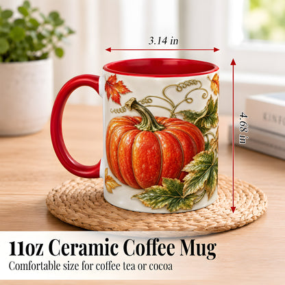 #pl[11oz|Red] Autumn Pumpkin Coffee Mug, Fall Harvest Leaves Mug, Ceramic Cup Decor