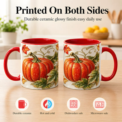 #pl[11oz|Red] Autumn Pumpkin Coffee Mug, Fall Harvest Leaves Mug, Ceramic Cup Decor