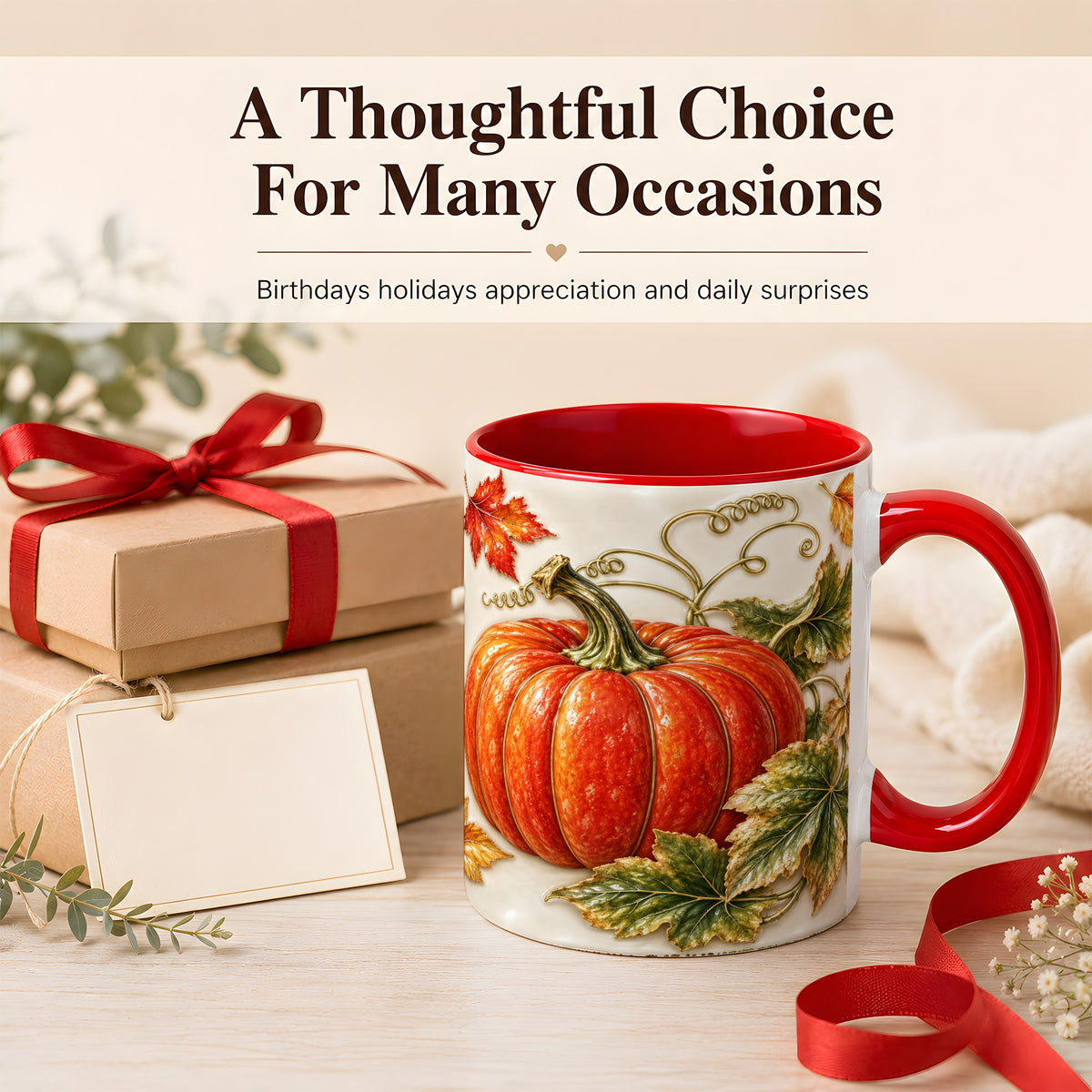 #pl[11oz|Red] Autumn Pumpkin Coffee Mug, Fall Harvest Leaves Mug, Ceramic Cup Decor