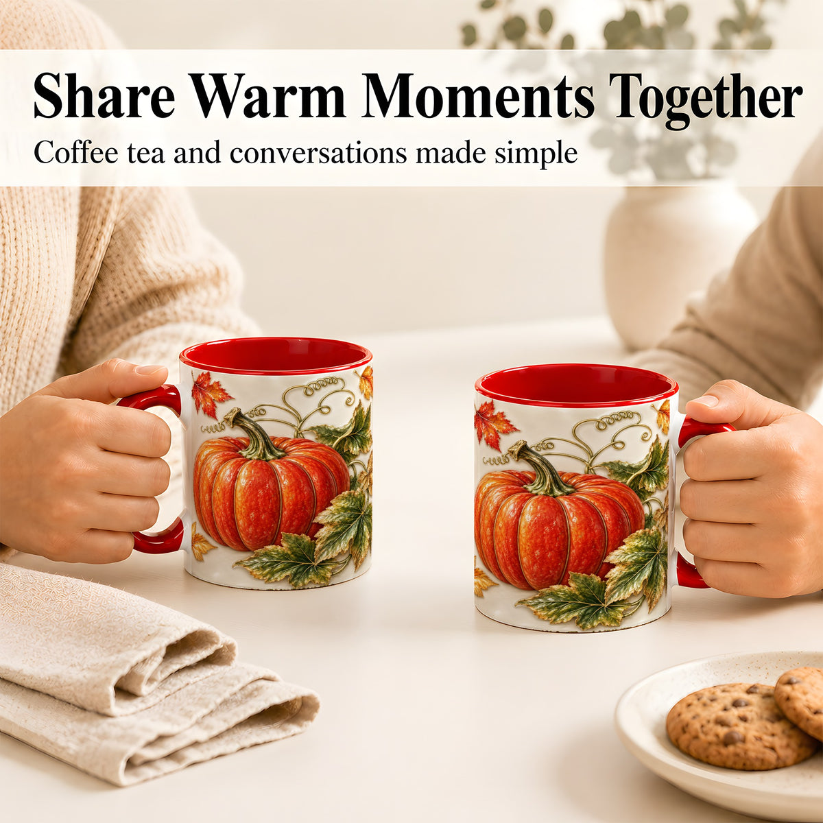 #pl[11oz|Red] Autumn Pumpkin Coffee Mug, Fall Harvest Leaves Mug, Ceramic Cup Decor