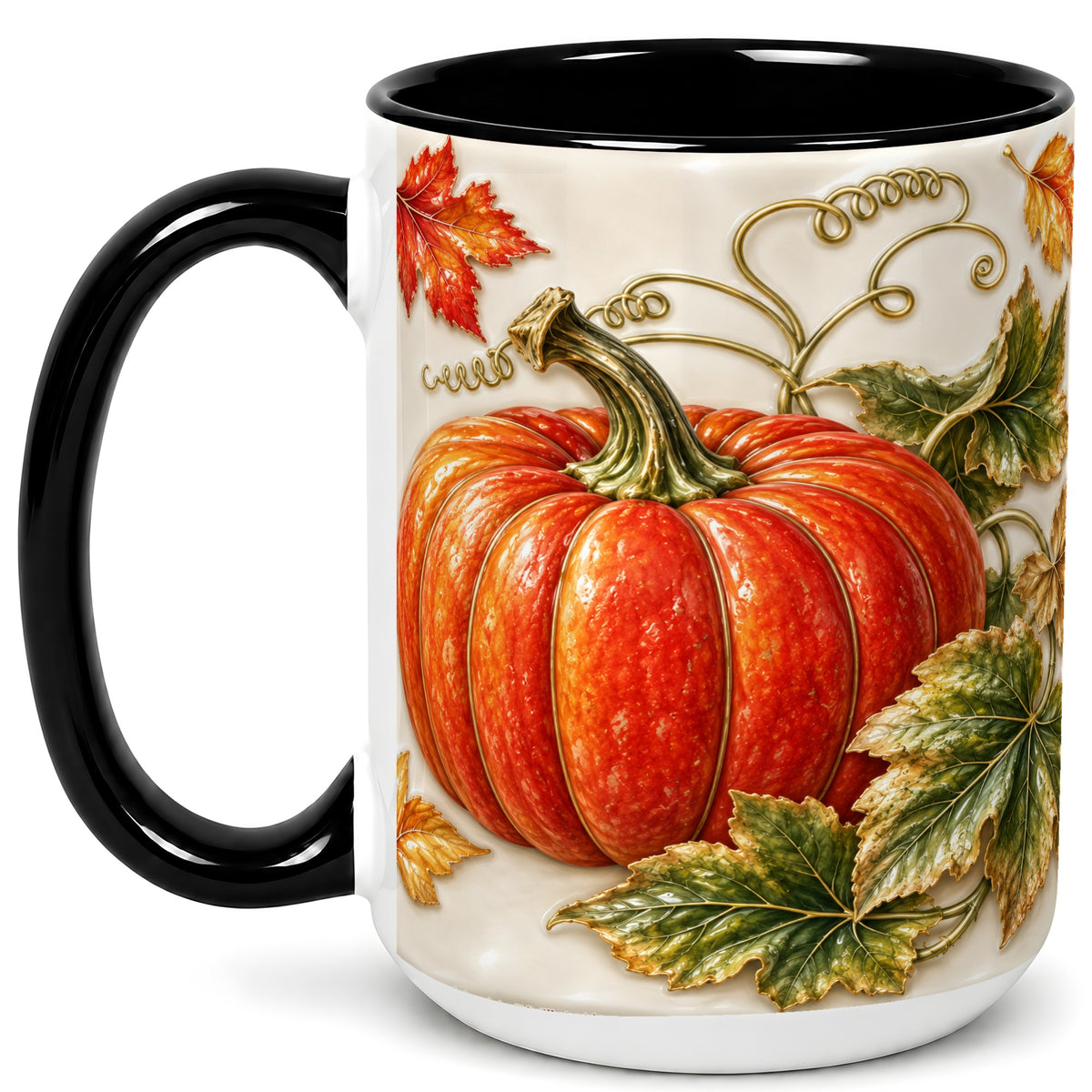 #pl[15oz|Black] Autumn Pumpkin Coffee Mug, Fall Harvest Leaves Mug, Ceramic Cup Decor
