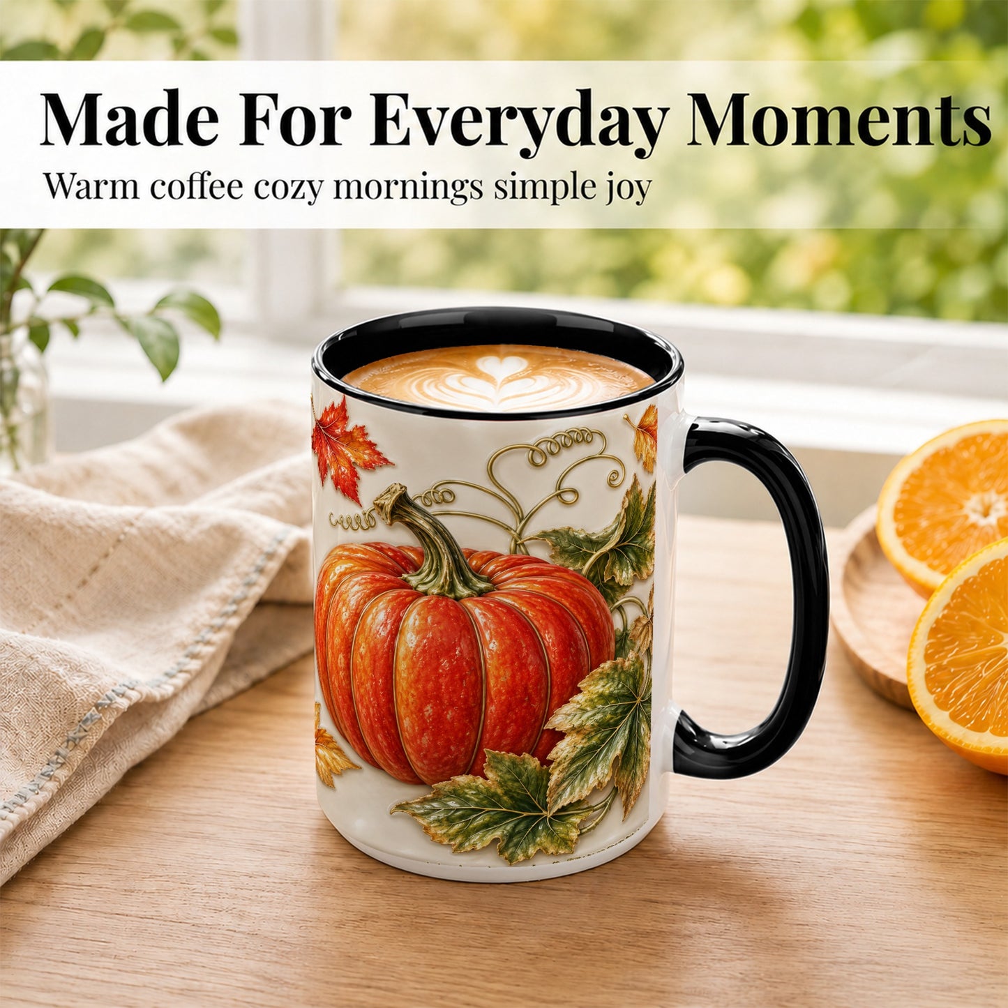 #pl[15oz|Black] Autumn Pumpkin Coffee Mug, Fall Harvest Leaves Mug, Ceramic Cup Decor