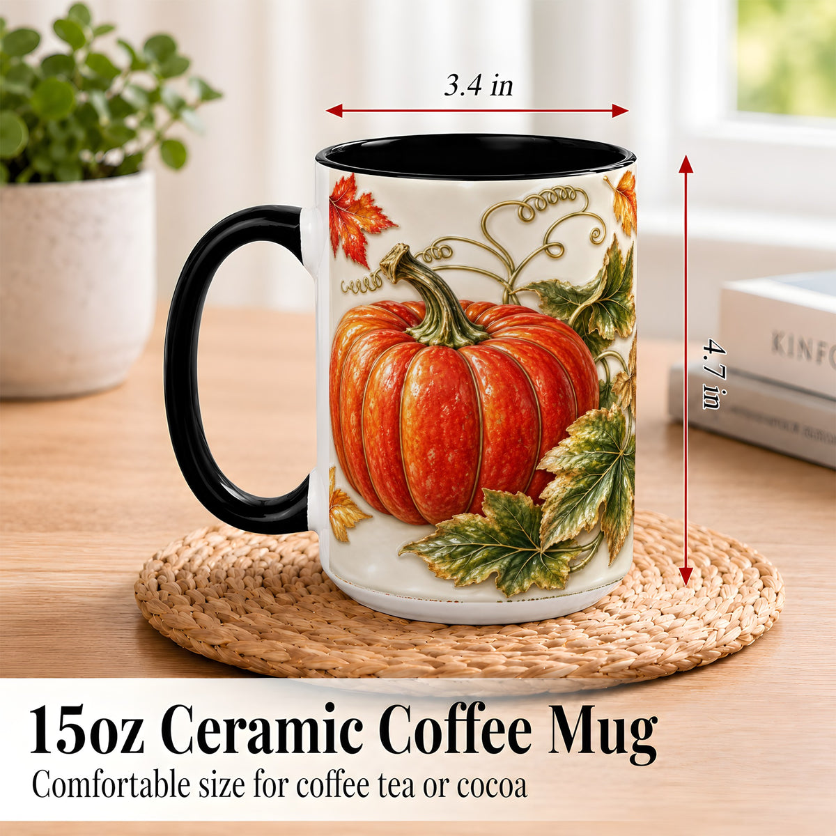 #pl[15oz|Black] Autumn Pumpkin Coffee Mug, Fall Harvest Leaves Mug, Ceramic Cup Decor