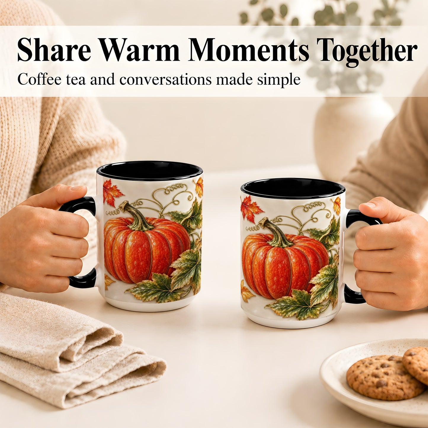 #pl[15oz|Black] Autumn Pumpkin Coffee Mug, Fall Harvest Leaves Mug, Ceramic Cup Decor