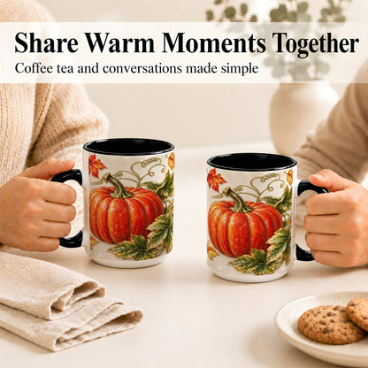 #pl[15oz|Black] Autumn Pumpkin Coffee Mug, Fall Harvest Leaves Mug, Ceramic Cup Decor