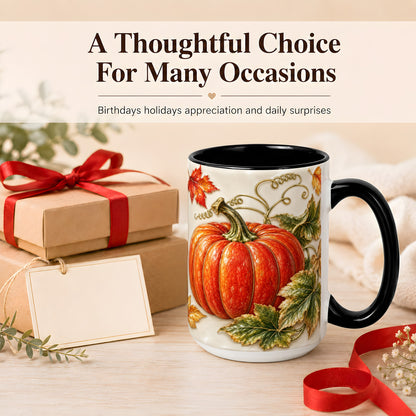 #pl[15oz|Black] Autumn Pumpkin Coffee Mug, Fall Harvest Leaves Mug, Ceramic Cup Decor