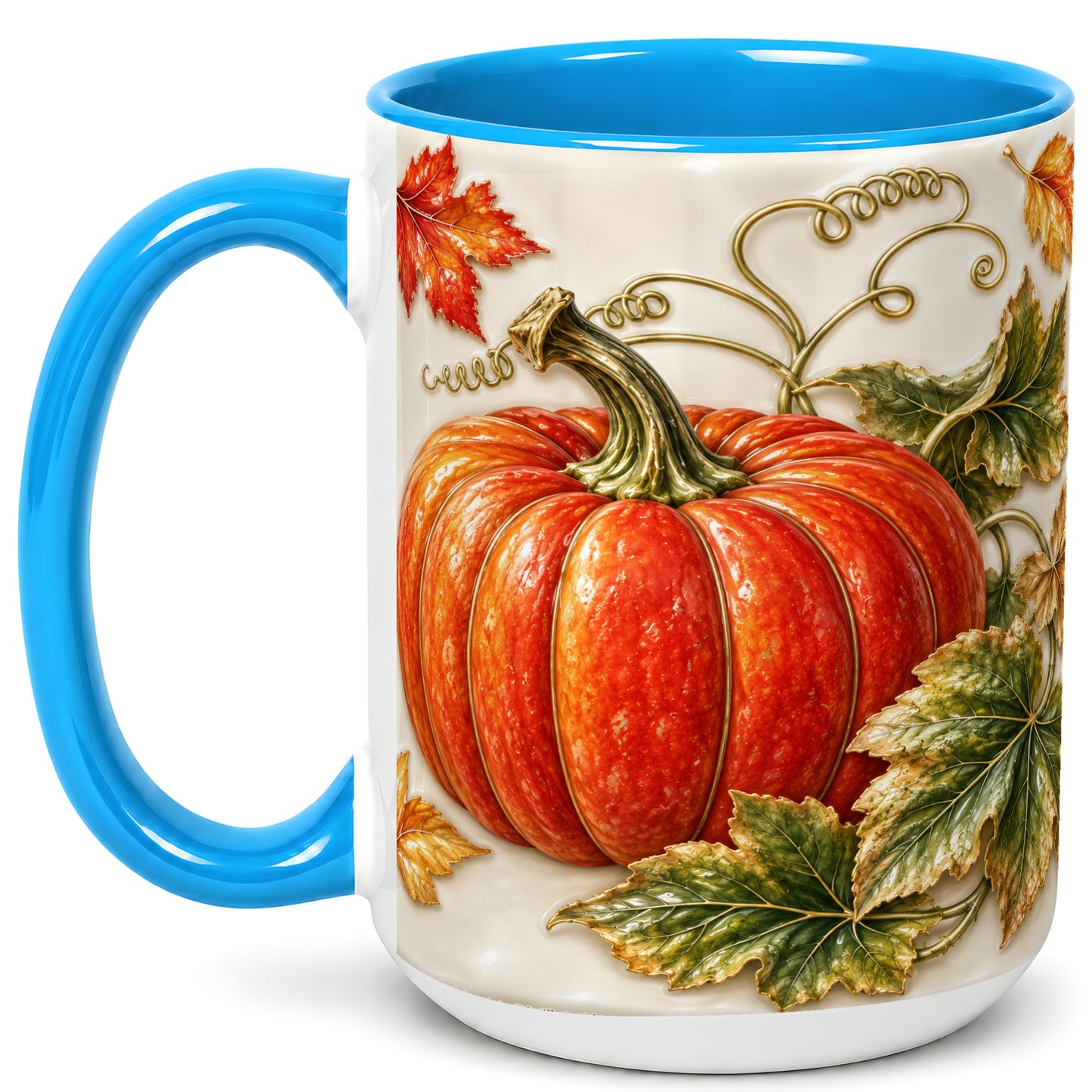 #pl[15oz|Blue] Autumn Pumpkin Coffee Mug, Fall Harvest Leaves Mug, Ceramic Cup Decor