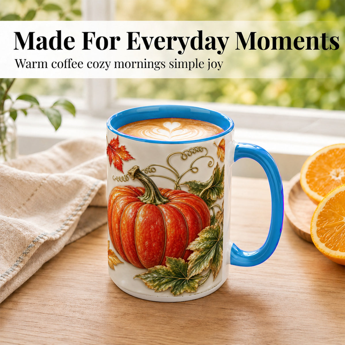 #pl[15oz|Blue] Autumn Pumpkin Coffee Mug, Fall Harvest Leaves Mug, Ceramic Cup Decor