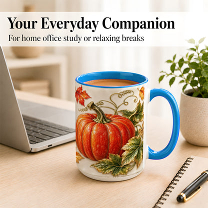 #pl[15oz|Blue] Autumn Pumpkin Coffee Mug, Fall Harvest Leaves Mug, Ceramic Cup Decor