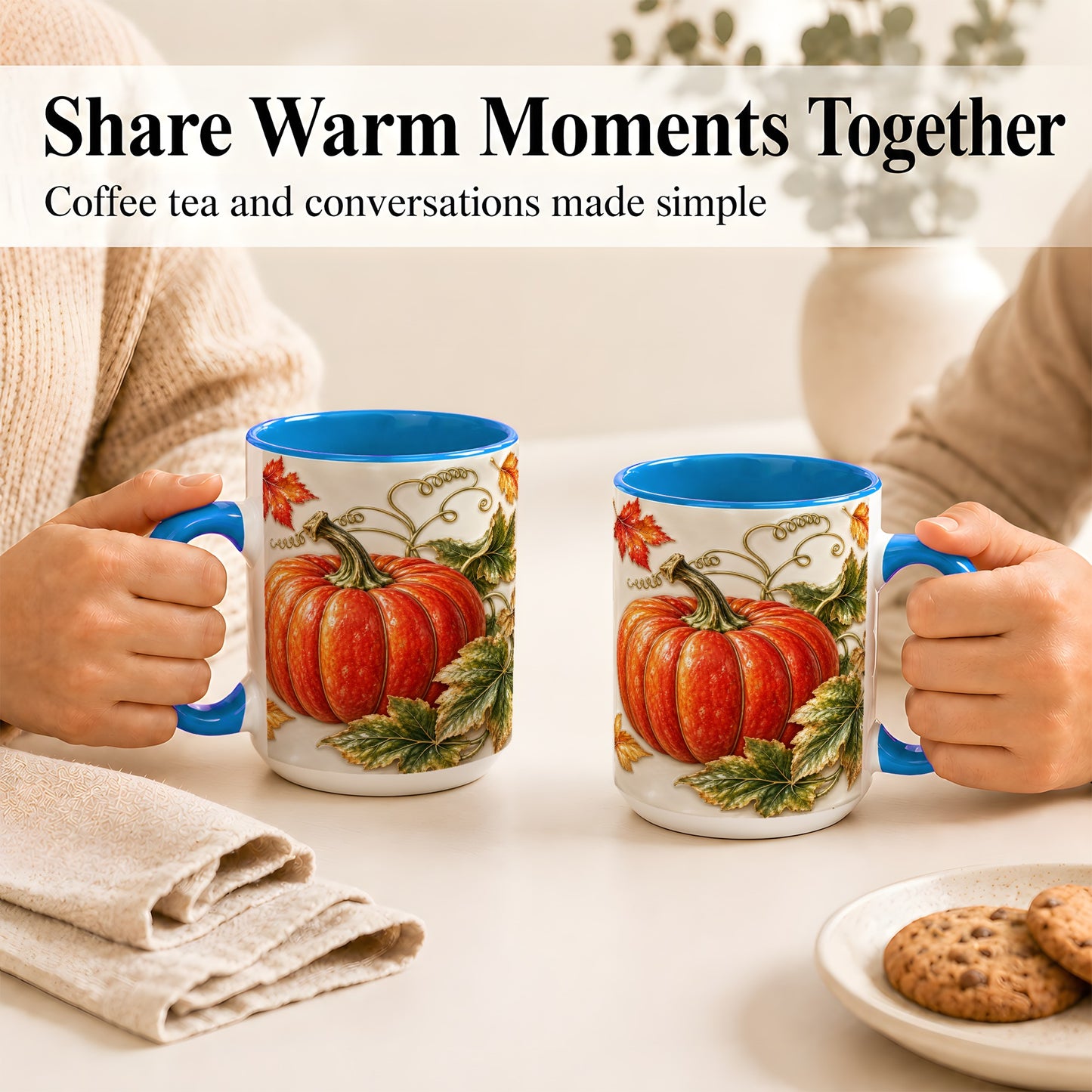 #pl[15oz|Blue] Autumn Pumpkin Coffee Mug, Fall Harvest Leaves Mug, Ceramic Cup Decor