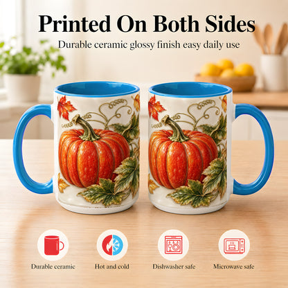 #pl[15oz|Blue] Autumn Pumpkin Coffee Mug, Fall Harvest Leaves Mug, Ceramic Cup Decor