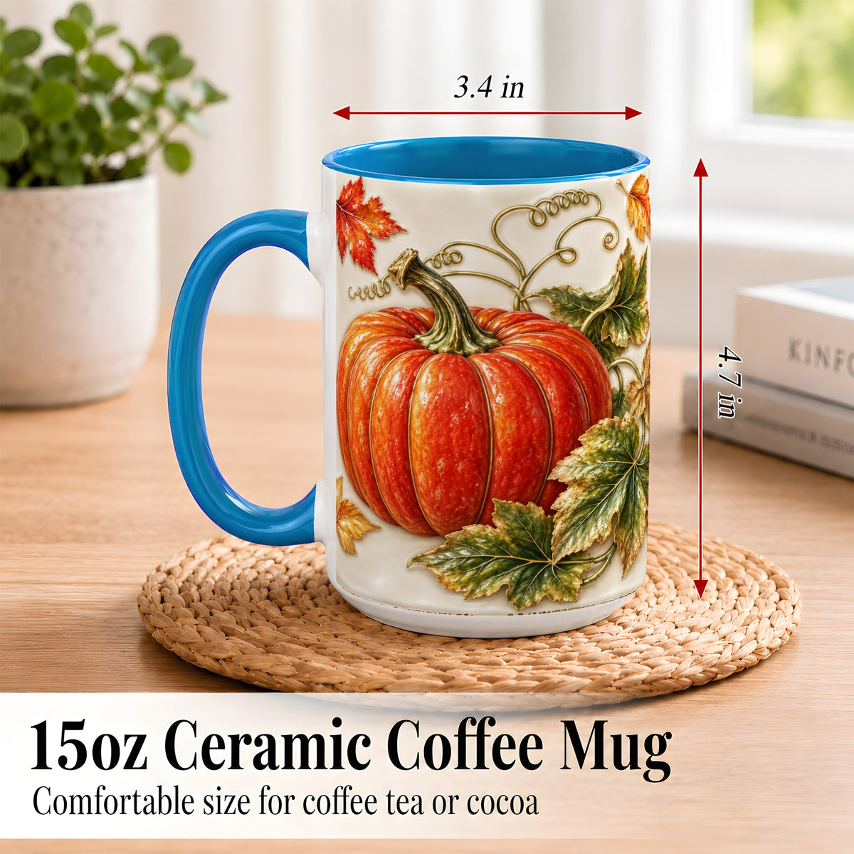 #pl[15oz|Blue] Autumn Pumpkin Coffee Mug, Fall Harvest Leaves Mug, Ceramic Cup Decor