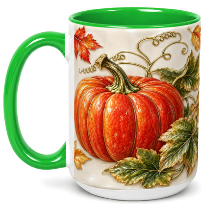 #pl[15oz|Green] Autumn Pumpkin Coffee Mug, Fall Harvest Leaves Mug, Ceramic Cup Decor