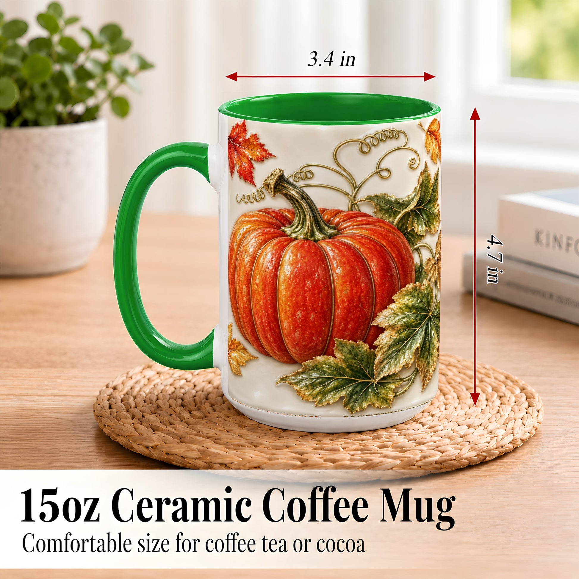 #pl[15oz|Green] Autumn Pumpkin Coffee Mug, Fall Harvest Leaves Mug, Ceramic Cup Decor
