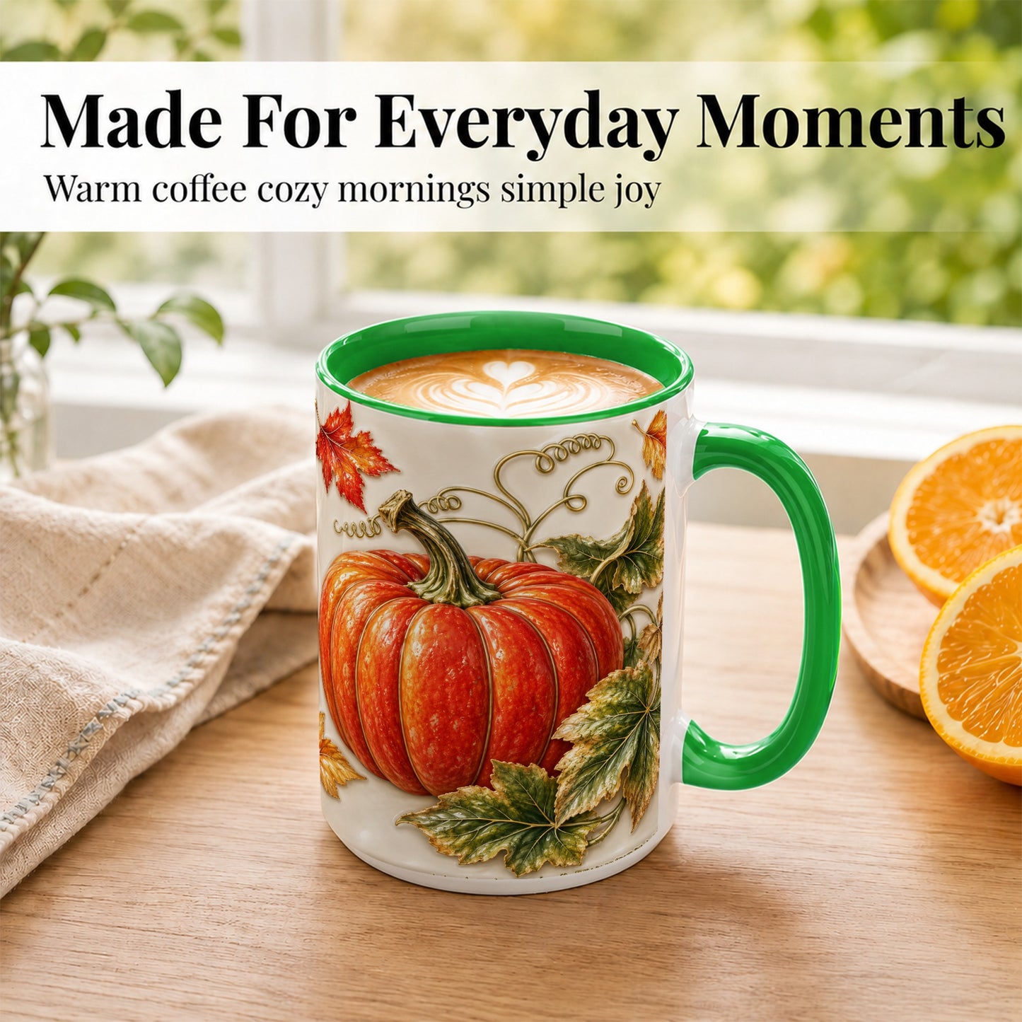 #pl[15oz|Green] Autumn Pumpkin Coffee Mug, Fall Harvest Leaves Mug, Ceramic Cup Decor