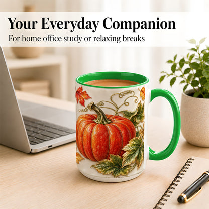 #pl[15oz|Green] Autumn Pumpkin Coffee Mug, Fall Harvest Leaves Mug, Ceramic Cup Decor