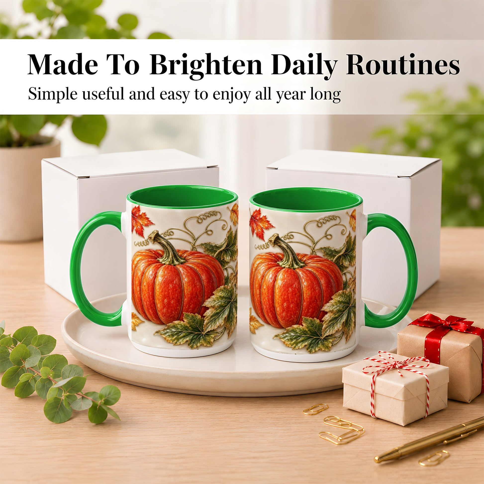 #pl[15oz|Green] Autumn Pumpkin Coffee Mug, Fall Harvest Leaves Mug, Ceramic Cup Decor