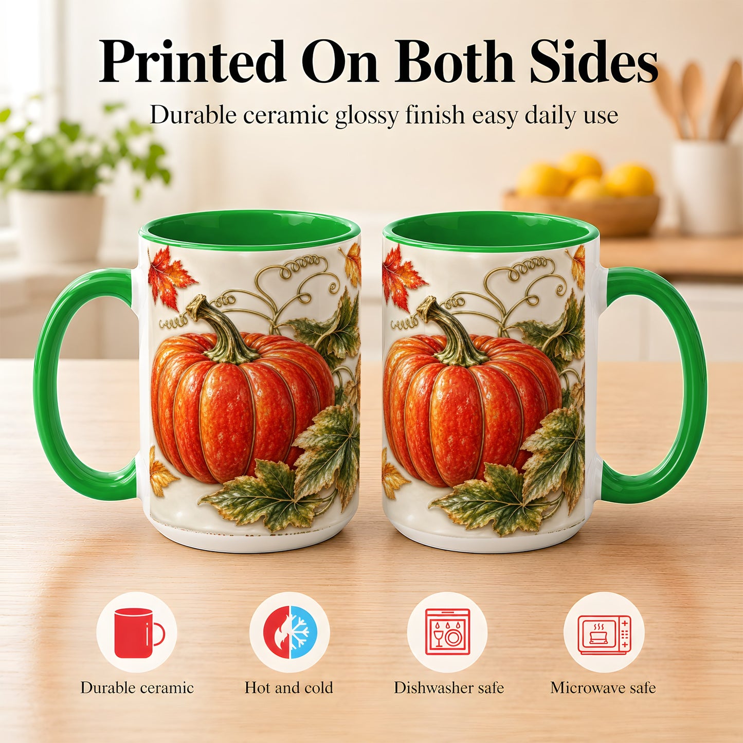 #pl[15oz|Green] Autumn Pumpkin Coffee Mug, Fall Harvest Leaves Mug, Ceramic Cup Decor