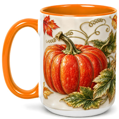 #pl[15oz|Orange] Autumn Pumpkin Coffee Mug, Fall Harvest Leaves Mug, Ceramic Cup Decor