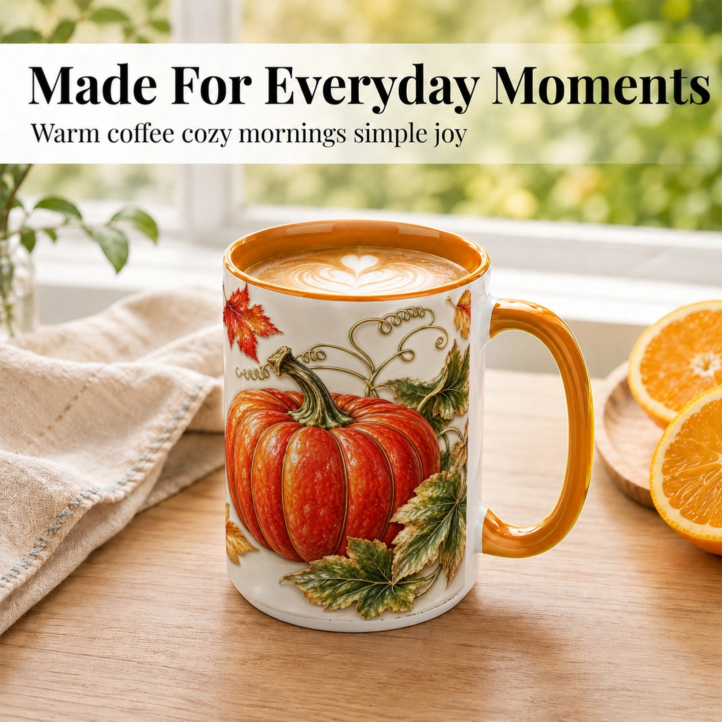 #pl[15oz|Orange] Autumn Pumpkin Coffee Mug, Fall Harvest Leaves Mug, Ceramic Cup Decor