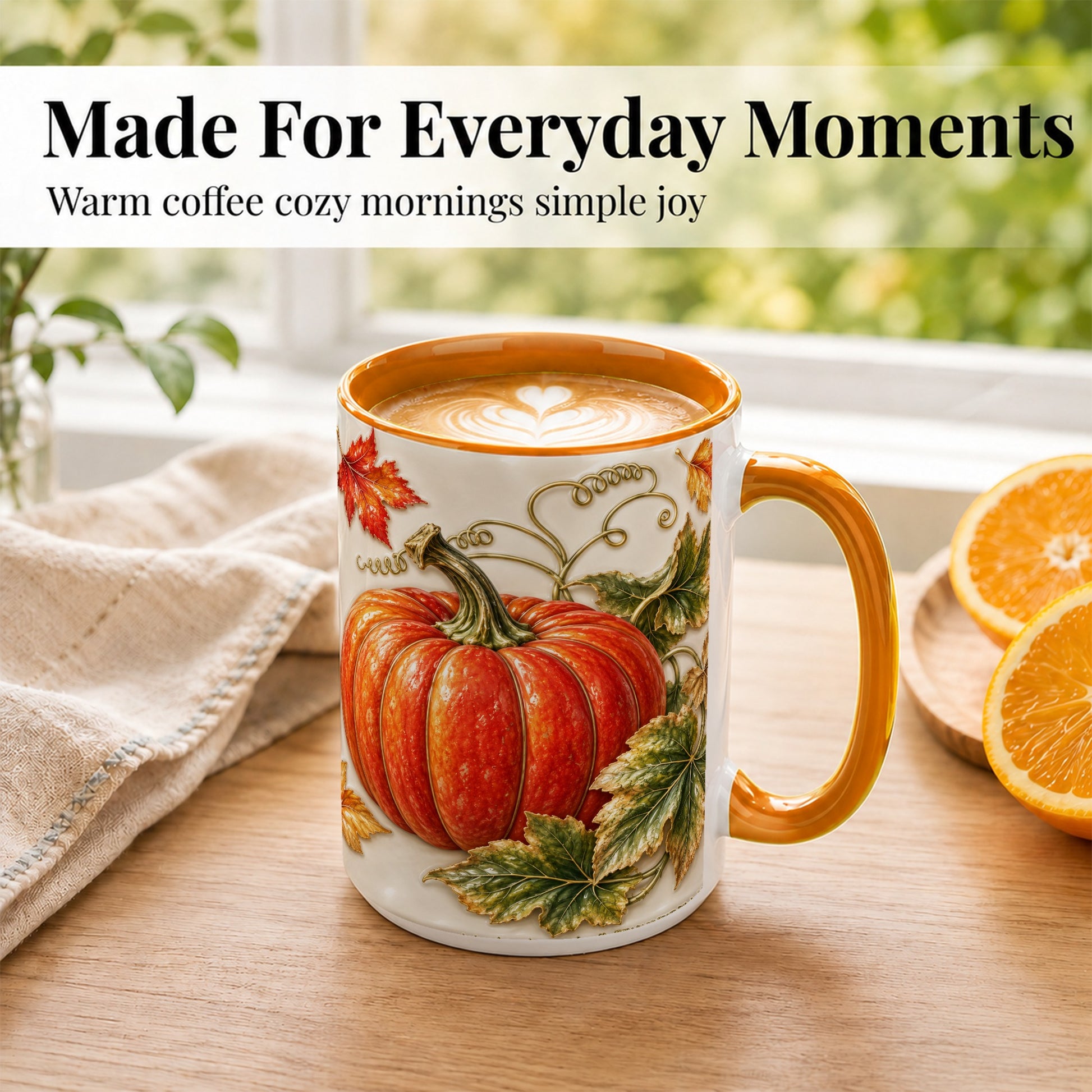 #pl[15oz|Orange] Autumn Pumpkin Coffee Mug, Fall Harvest Leaves Mug, Ceramic Cup Decor