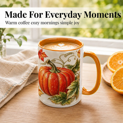 #pl[15oz|Orange] Autumn Pumpkin Coffee Mug, Fall Harvest Leaves Mug, Ceramic Cup Decor