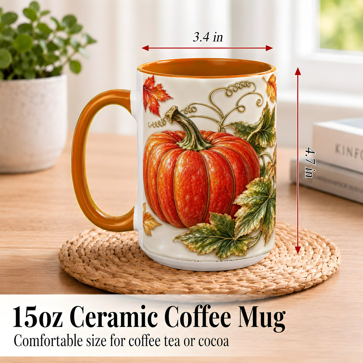 #pl[15oz|Orange] Autumn Pumpkin Coffee Mug, Fall Harvest Leaves Mug, Ceramic Cup Decor