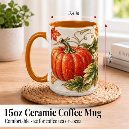 #pl[15oz|Orange] Autumn Pumpkin Coffee Mug, Fall Harvest Leaves Mug, Ceramic Cup Decor
