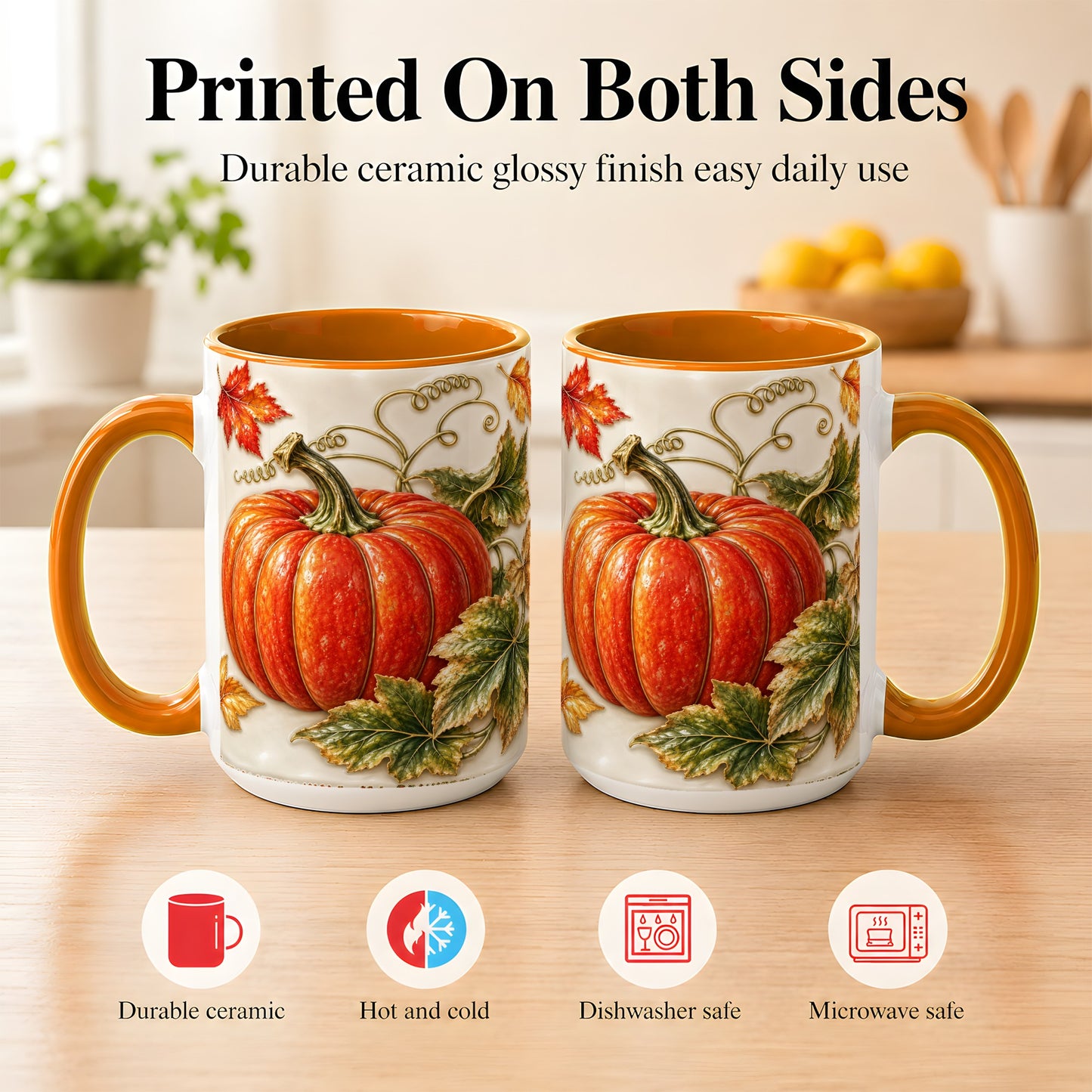 #pl[15oz|Orange] Autumn Pumpkin Coffee Mug, Fall Harvest Leaves Mug, Ceramic Cup Decor