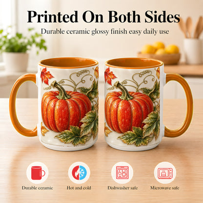 #pl[15oz|Orange] Autumn Pumpkin Coffee Mug, Fall Harvest Leaves Mug, Ceramic Cup Decor