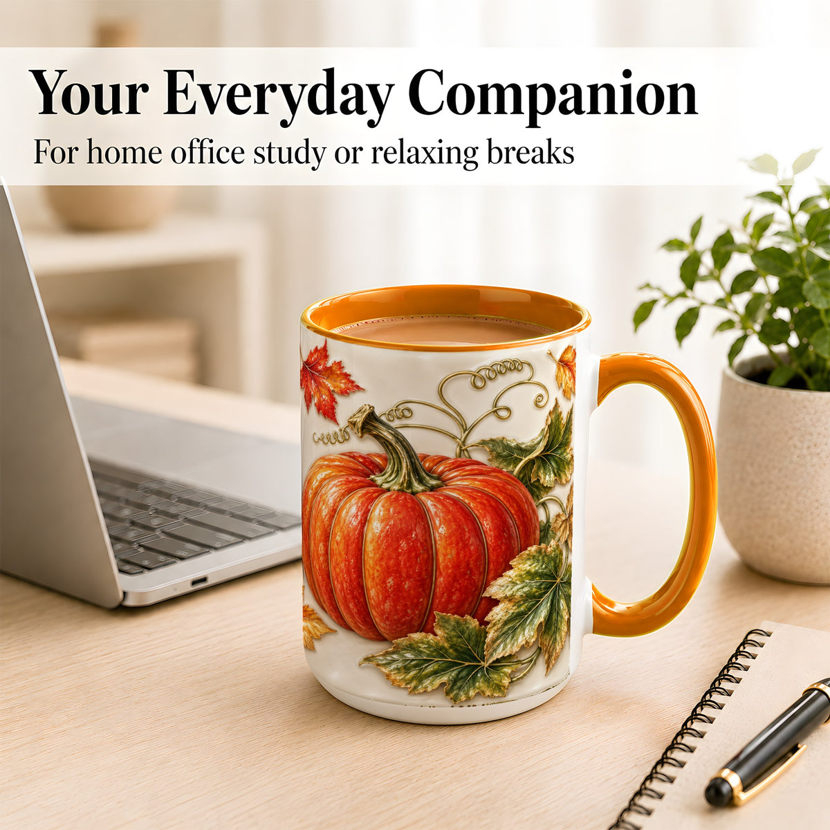 #pl[15oz|Orange] Autumn Pumpkin Coffee Mug, Fall Harvest Leaves Mug, Ceramic Cup Decor