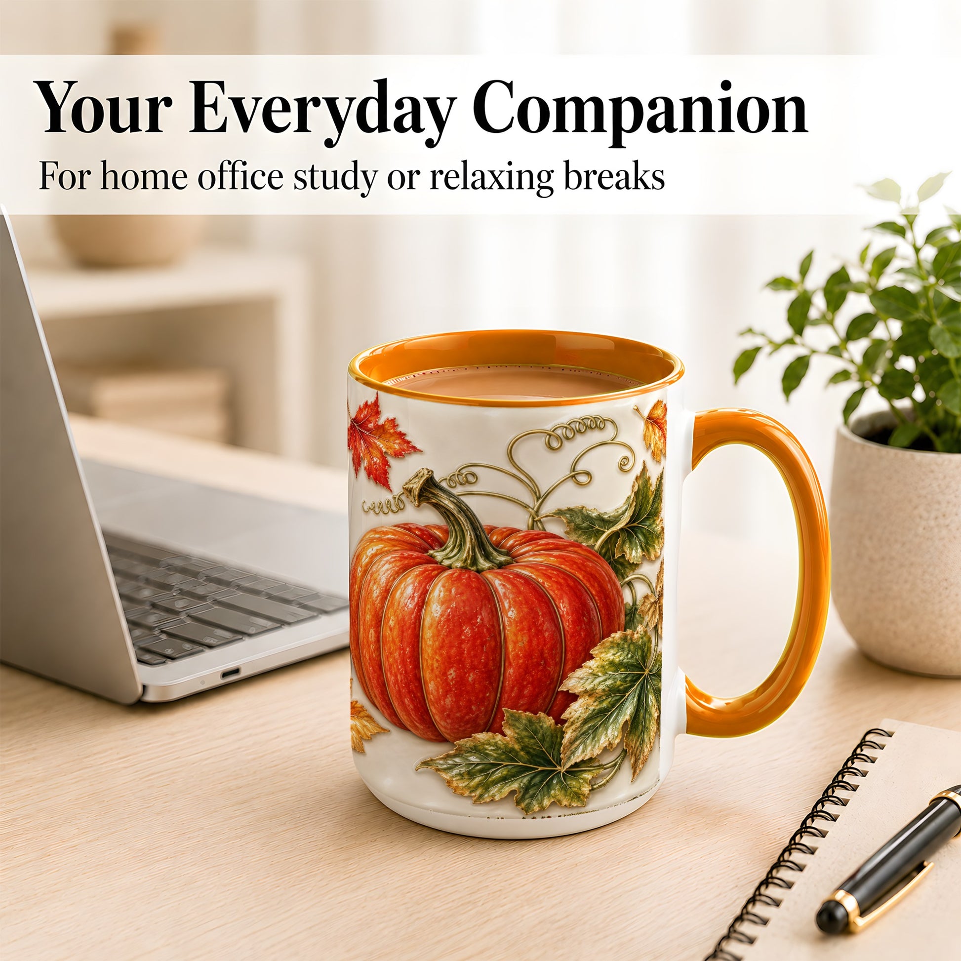 #pl[15oz|Orange] Autumn Pumpkin Coffee Mug, Fall Harvest Leaves Mug, Ceramic Cup Decor