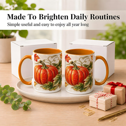 #pl[15oz|Orange] Autumn Pumpkin Coffee Mug, Fall Harvest Leaves Mug, Ceramic Cup Decor