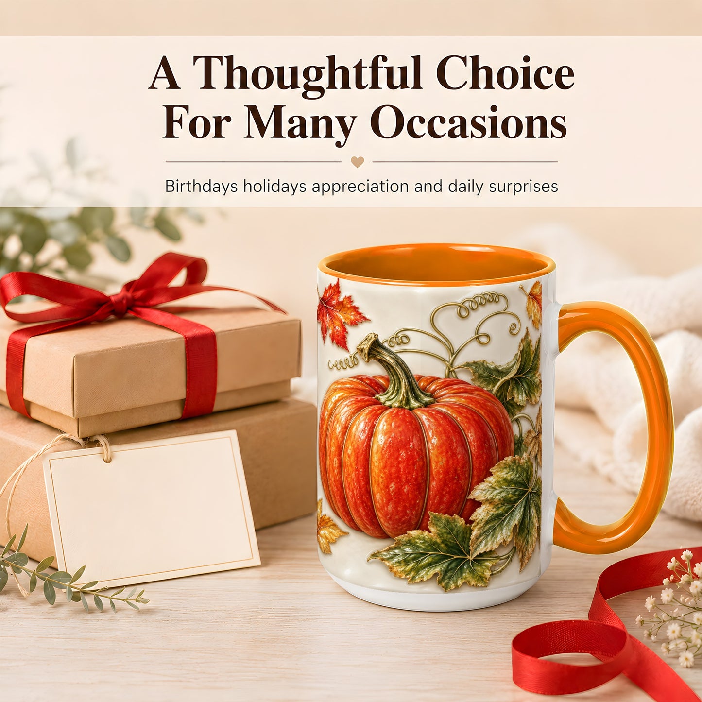 #pl[15oz|Orange] Autumn Pumpkin Coffee Mug, Fall Harvest Leaves Mug, Ceramic Cup Decor