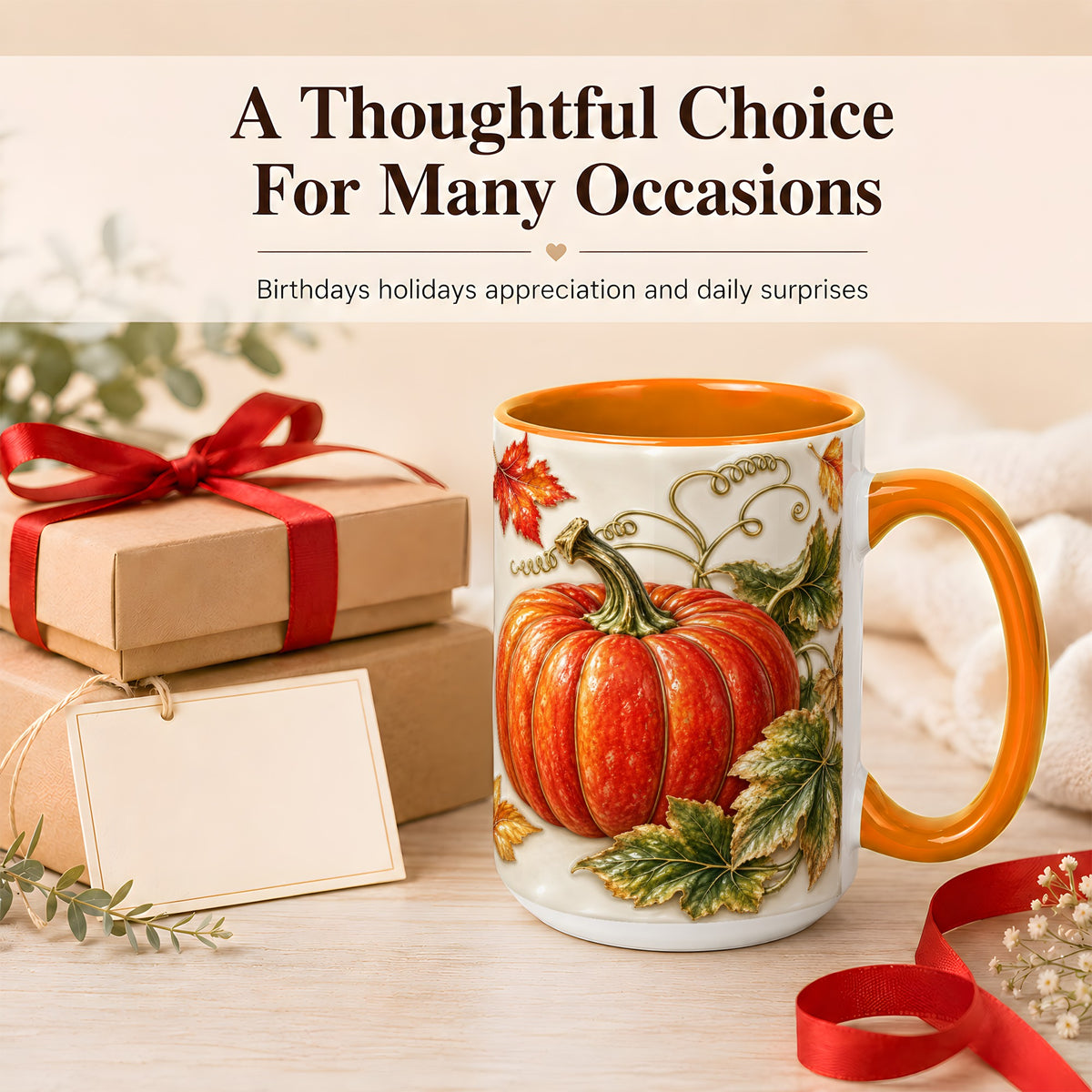 #pl[15oz|Orange] Autumn Pumpkin Coffee Mug, Fall Harvest Leaves Mug, Ceramic Cup Decor