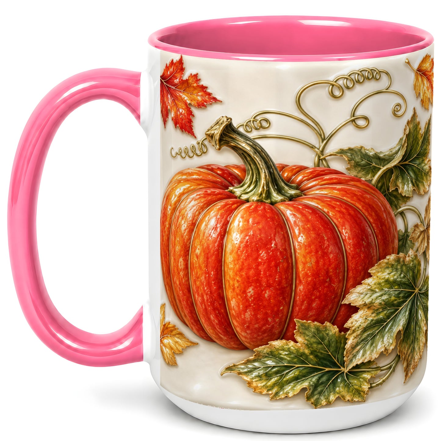 #pl[15oz|Pink] Autumn Pumpkin Coffee Mug, Fall Harvest Leaves Mug, Ceramic Cup Decor