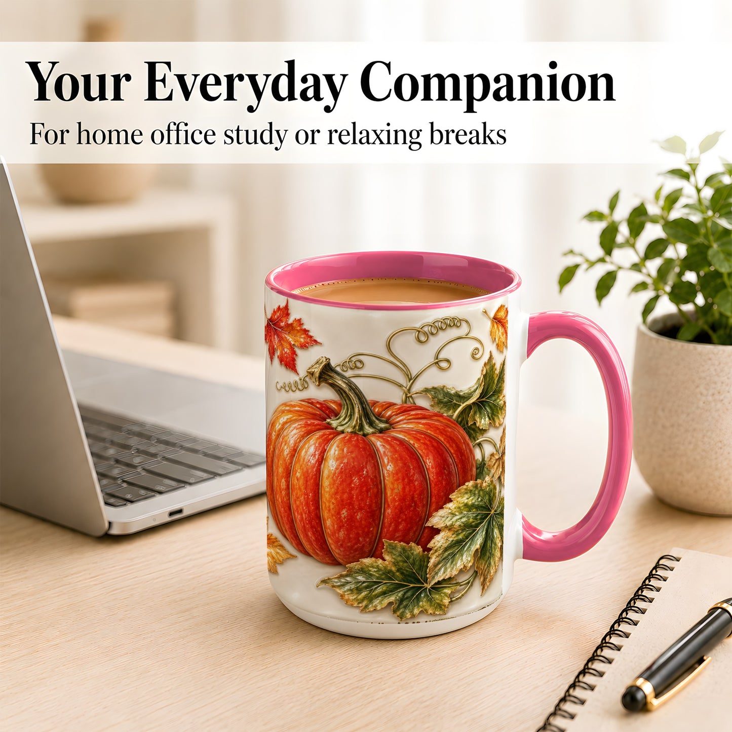 #pl[15oz|Pink] Autumn Pumpkin Coffee Mug, Fall Harvest Leaves Mug, Ceramic Cup Decor