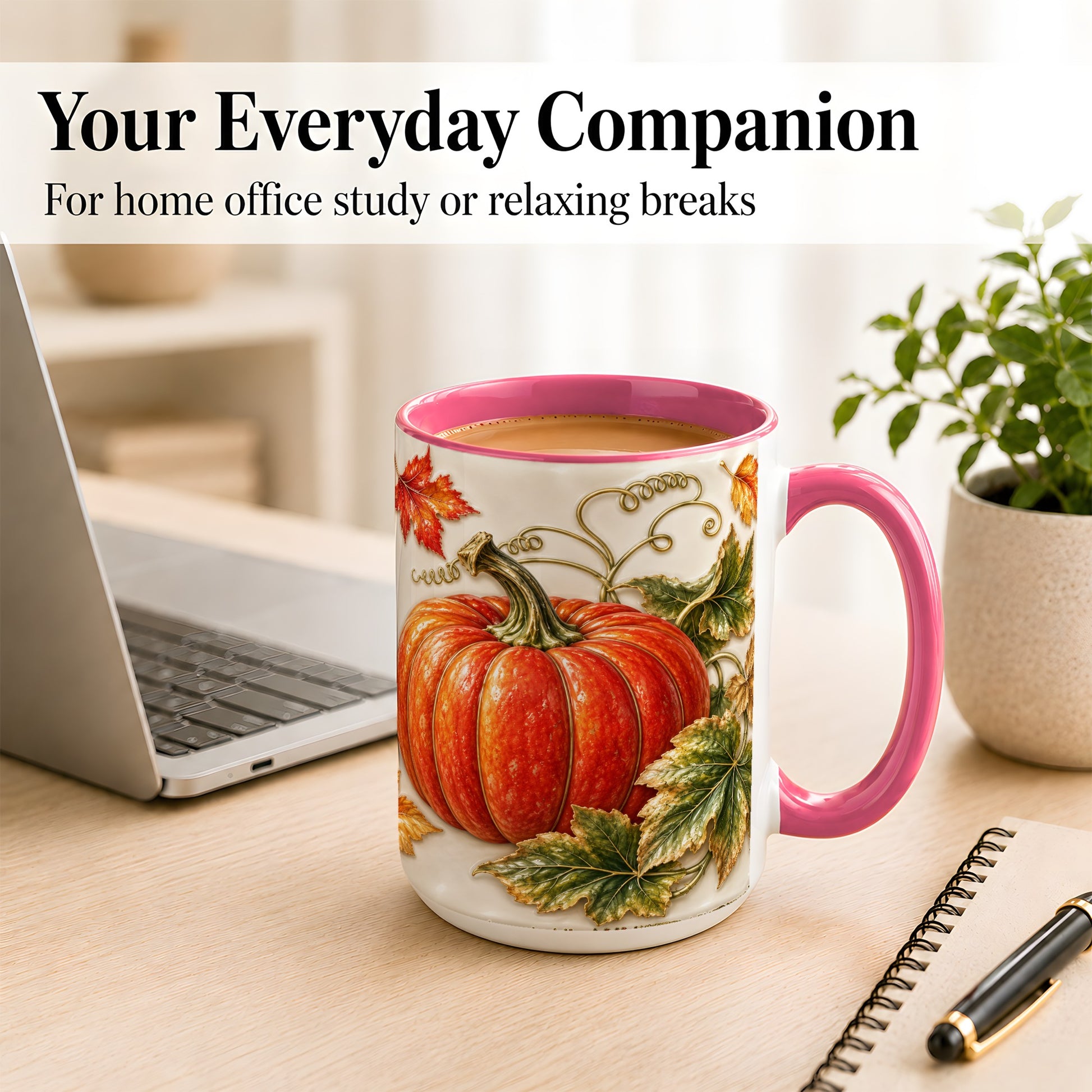 #pl[15oz|Pink] Autumn Pumpkin Coffee Mug, Fall Harvest Leaves Mug, Ceramic Cup Decor