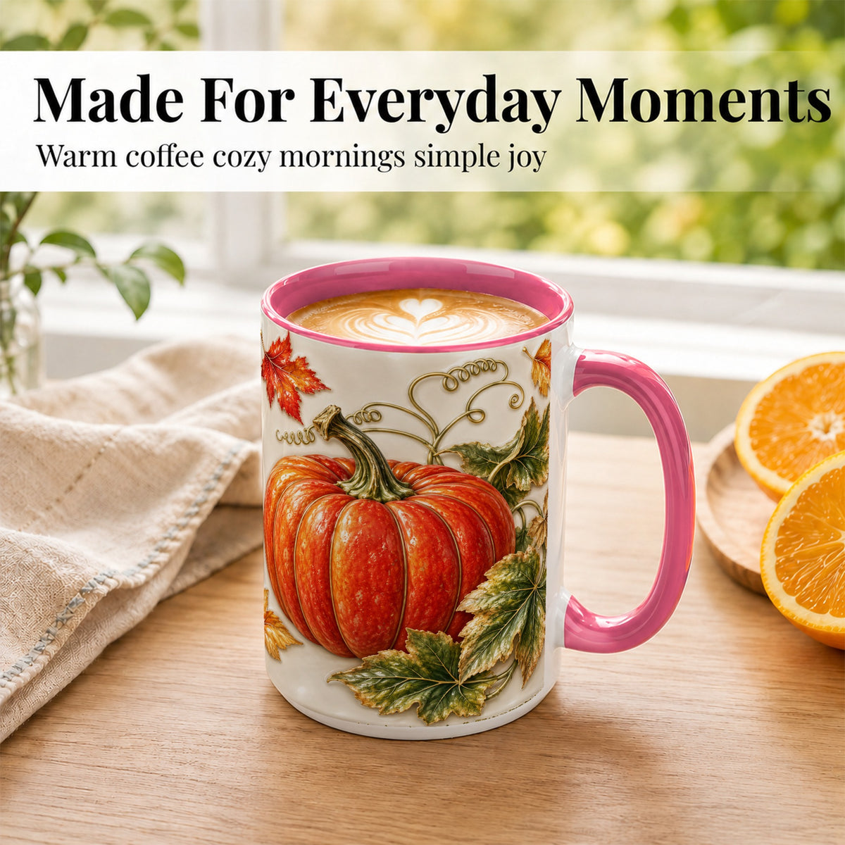 #pl[15oz|Pink] Autumn Pumpkin Coffee Mug, Fall Harvest Leaves Mug, Ceramic Cup Decor