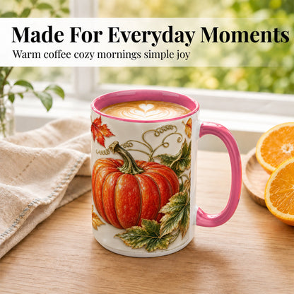 #pl[15oz|Pink] Autumn Pumpkin Coffee Mug, Fall Harvest Leaves Mug, Ceramic Cup Decor