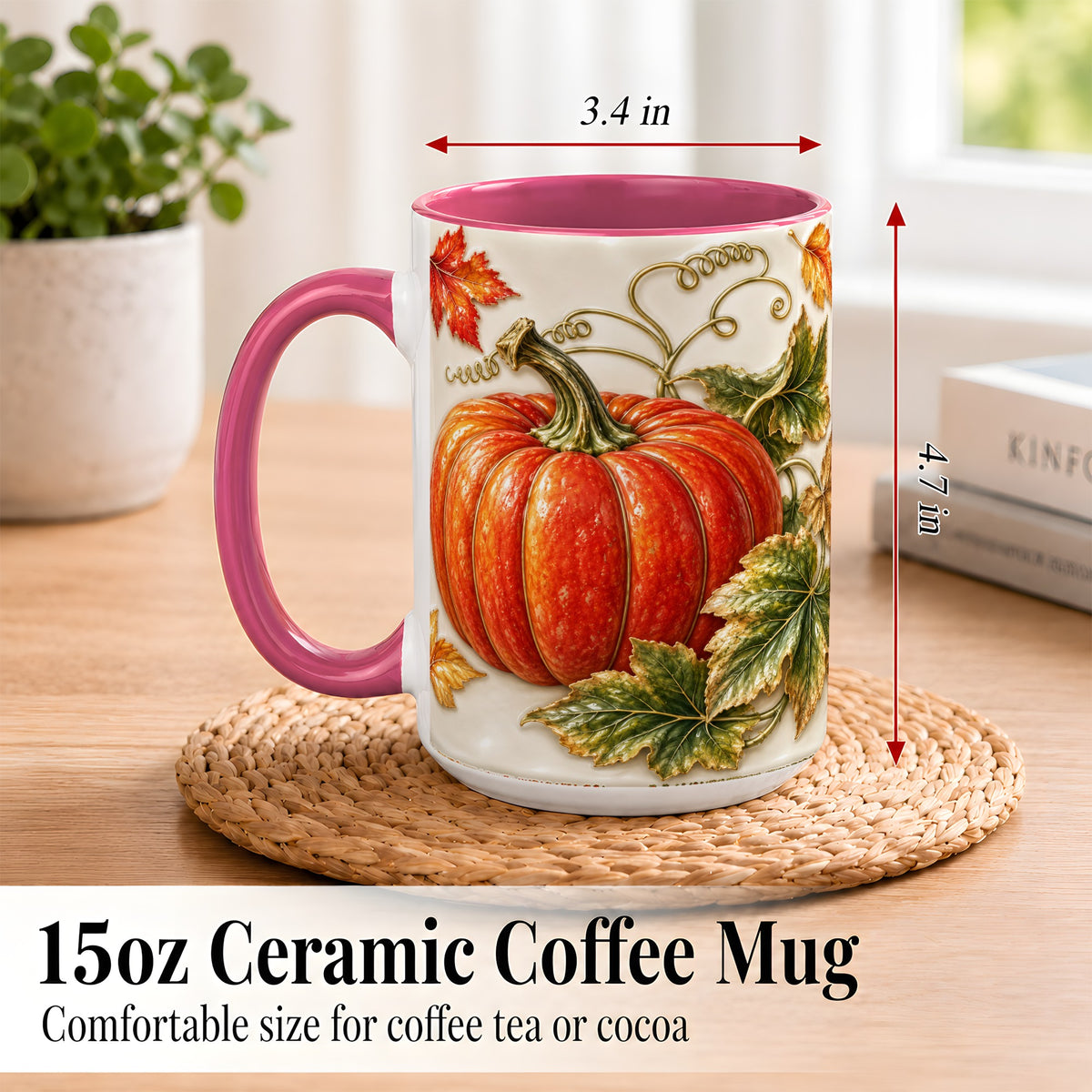 #pl[15oz|Pink] Autumn Pumpkin Coffee Mug, Fall Harvest Leaves Mug, Ceramic Cup Decor
