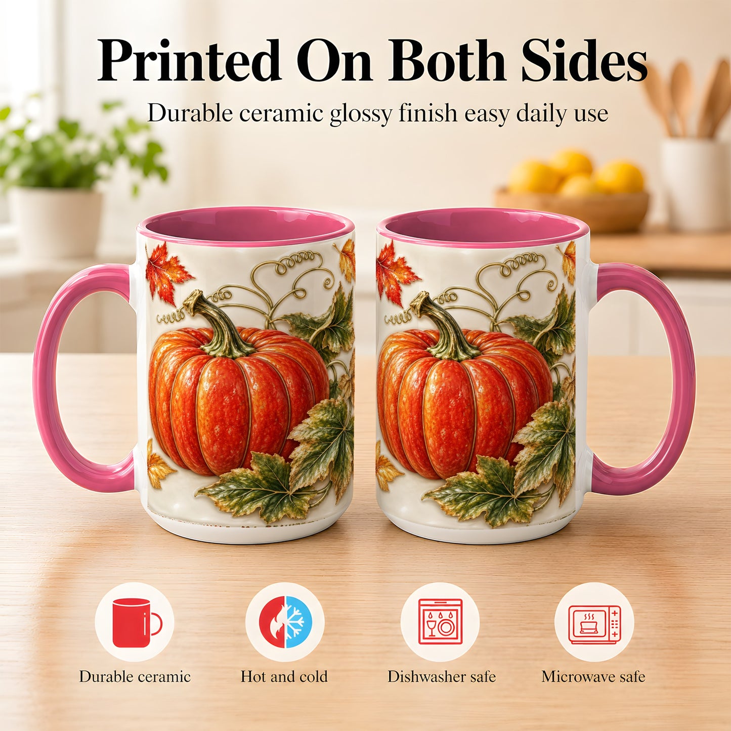 #pl[15oz|Pink] Autumn Pumpkin Coffee Mug, Fall Harvest Leaves Mug, Ceramic Cup Decor